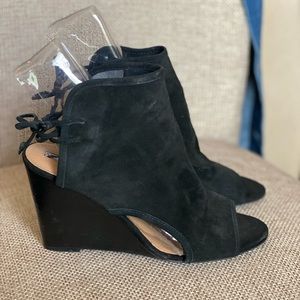 Tahari Black Suede Open Toe Wedge Bootie